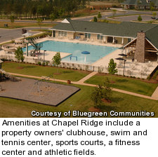 Amenities at Chapel Ridge include a property owners' clubhouse, swim and tennis center, sports courts, a fitness center and athletic fields